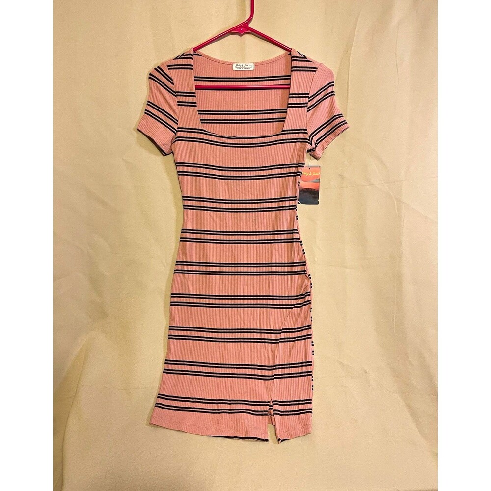 Haley & June Women's S Pink/Black Striped Ribbed Knit Scoop Neck Bodycon Dress
